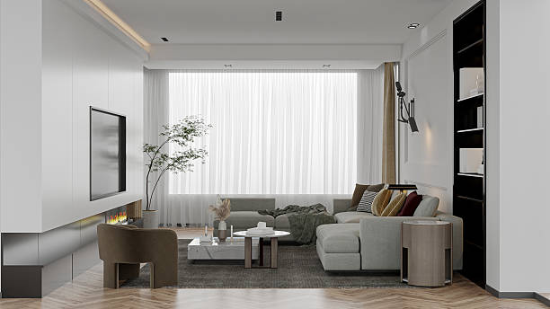 istock Bright and Airy Modern Living Room with Fireplace and Large Window 2212183406
