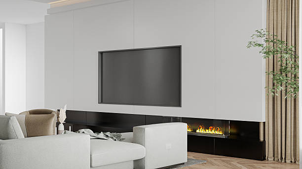 istock Modern Living Room with Integrated TV and Linear Fireplace 2212183449
