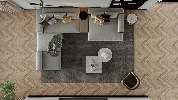 istock Modern Living Room with Sectional Sofa and Coffee Tables, Top-Down Perspective 2212183456