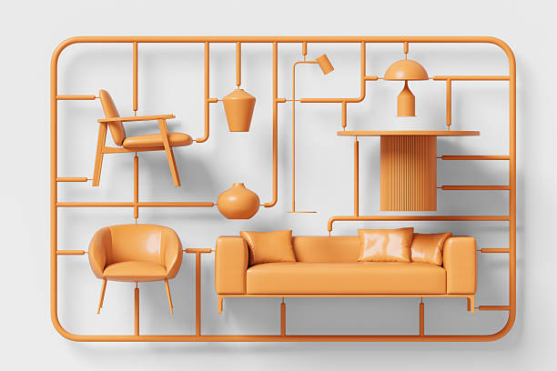istock Orange modular furniture set in plastic sprue layout including sofa, chairs, lamps, and table on white background. 3D Rendering 2212186241