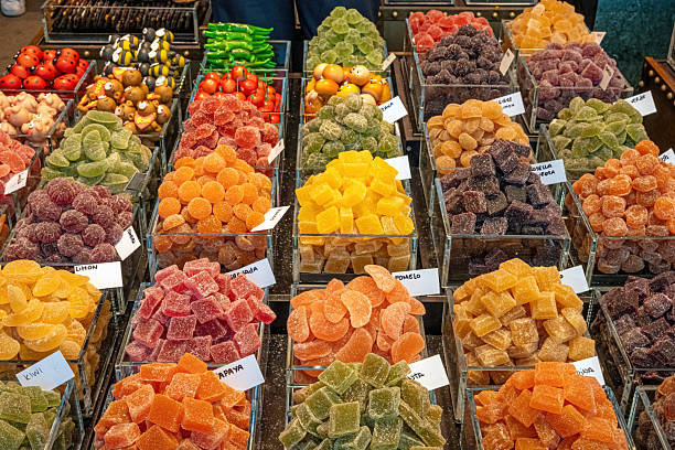 Dried fruits for sale at the Boqueria market in Barcelona