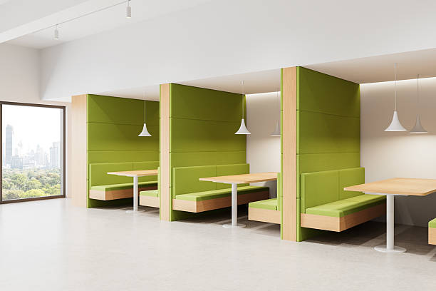 istock Modern green booth seating in open interior space with pendant lights and city view through large window, clean and minimalistic layout concept. 3D Rendering 2212186638