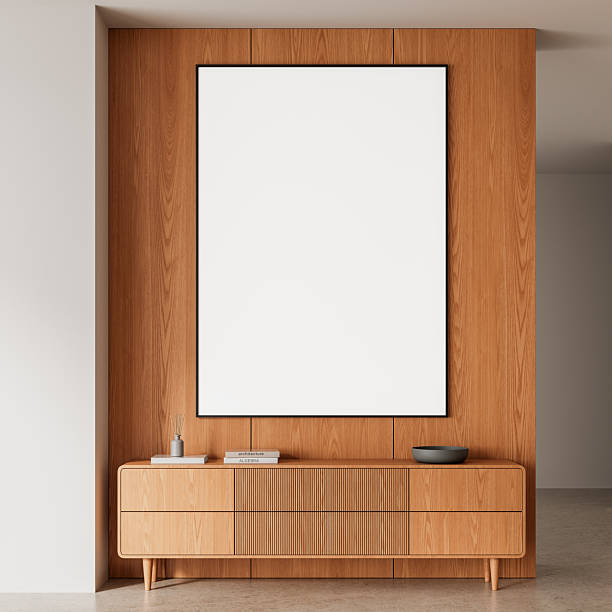 istock Vertical poster mockup with blank white space on wooden wall above modern light wood sideboard in minimalist interior layout. 3D Rendering 2212186888