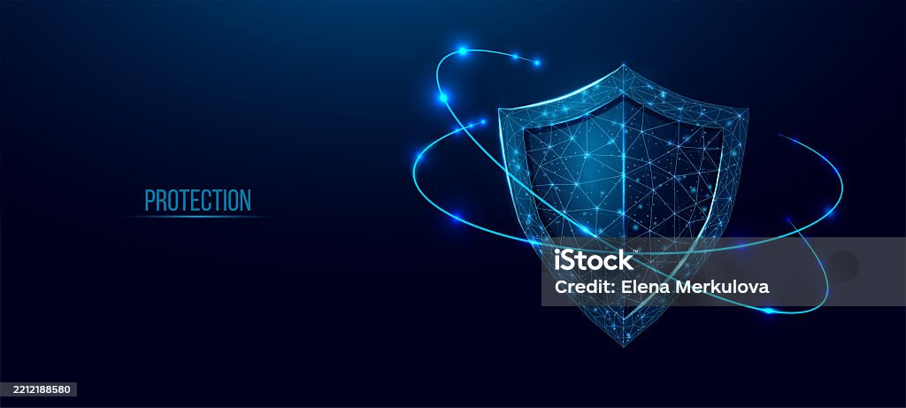 Bouclier de garde. Concept de cybersécurité avec bouclier poly faible brillant sur fond bleu foncé. Conception filaire low poly. Illustration vectorielle futuriste abstraite. - clipart vectoriel de Se protéger avec les mains libre de droits Bouclier de garde. Concept de cybersécurité avec bouclier poly faible brillant sur fond bleu foncé. Conception filaire low poly. Illustration vectorielle futuriste abstraite. - clipart vectoriel de Se protéger avec les mains libre de droits