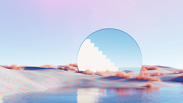 istock 3D render, Surreal landscape circular mirror reflecting staircase in pastel desert background 2212193590