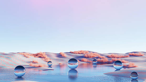 3D render, Surreal landscape floating glass spheres in pastel desert reflecting dreamy background