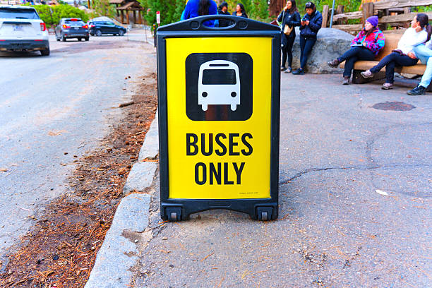 Sequoia National Park, California - November 30, 2024: Vibrant yellow 'Buses Only' sign stands prominently at a visitor area in Sequoia National Park, with people seated nearby, vehicles pass by.