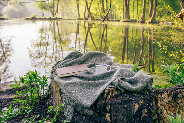 istock Book and coffee mug by a forest pond 2212198750