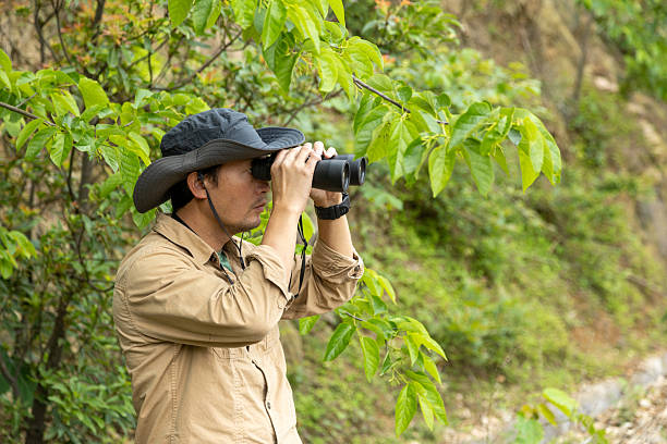 istock Man watching birds using binoculars on top of mountain 2212198912