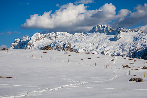 Dirt road and beautiful valley. Pale di San Martino in the background.