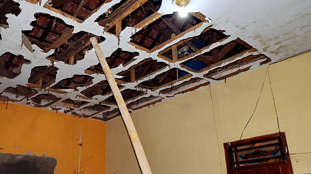 The damaged gypsum ceiling of the house fell to the floor