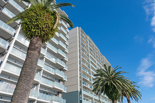 A tropical apartment building lined with palm trees