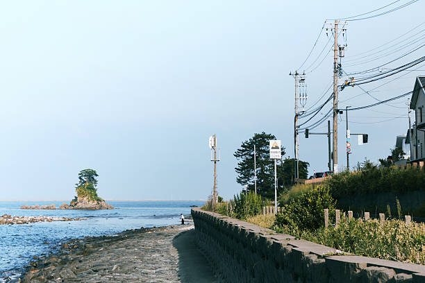 A quiet seaside path along the coast of Japan on a sunny day. A small, green-covered island floats in the distance, surrounded by a calm sea and a clear blue sky. Power poles and signs line the road, evoking the tranquil atmosphere of coastal living.