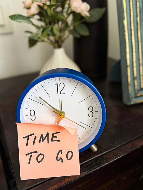 Image of motivational sticky notes with clock and “time to go” message / post-its with leaving reminders, encouraging words