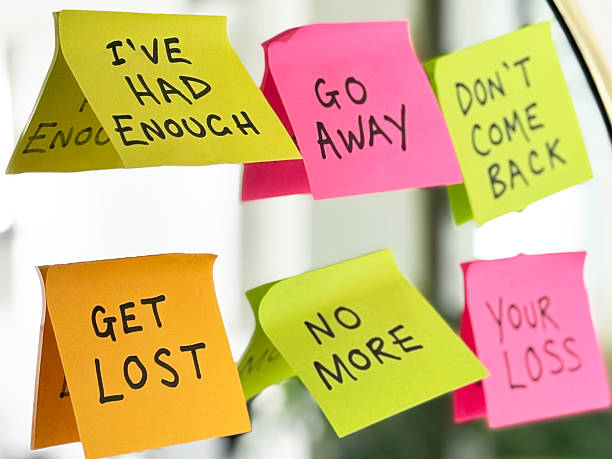 istock Image of frustration expressed / bold post-its, sticky notes with defiant messages, sharp words conveying discontent farewell 2212210729
