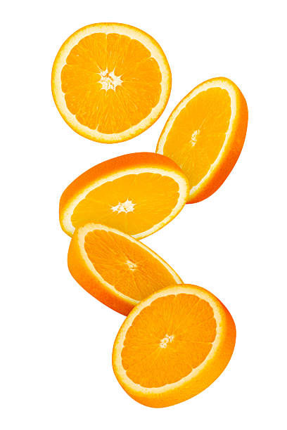 Falling Orange isolated on white background with clipping path, full depth of field