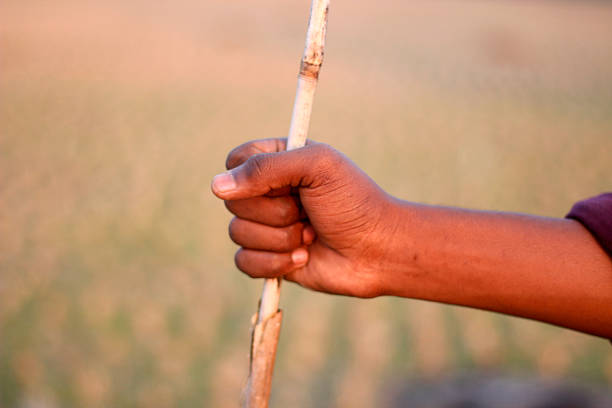 A man holding thin bamboo in his one hand and background blur