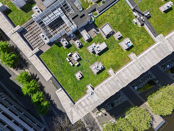 istock Rooftop garden with greenery and seating areas at a modern building in an urban environment during daytime 2212215514