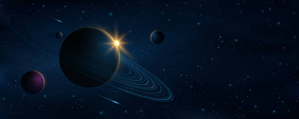 istock Galaxy background with planets and sunlight against the backdrop of shining stars. Abstract planet with ring around. Starry night sky. Scientific research presentation backdrop. Vector 2212218779