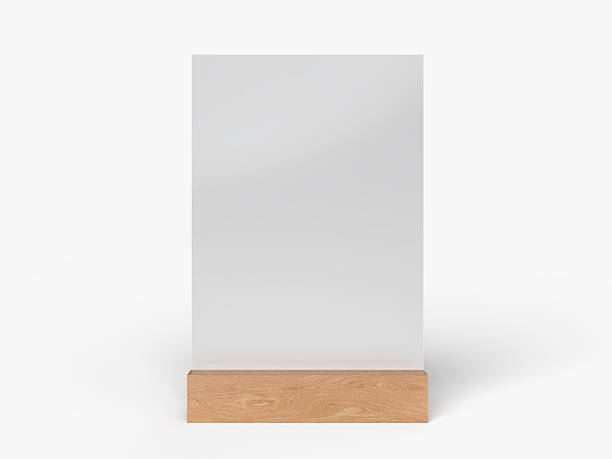 istock 3D Realistic table stand, table tent mockup with wooden base and white paper acrylic. Blank card holder display information for menu label, restaurant, cafe, banner, picture stand, sign holder, ads 2212231993