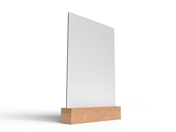 istock 3D Realistic table stand, table tent mockup with wooden base and white paper acrylic. Blank card holder display information for menu label, restaurant, cafe, banner, picture stand, sign holder, ads 2212232004