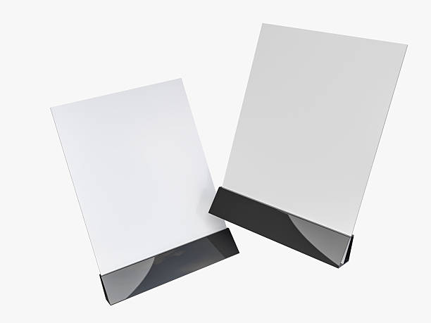 istock 3D Realistic table stand, table tent mockup with metal base and white paper acrylic. Blank card holder display information for menu label, restaurant, cafe, banner, picture stand, sign holder, ads 2212232007