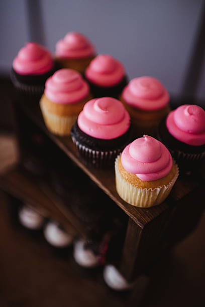 Chocolate and vanilla cupcakes with bright pink frosting on dessert stand