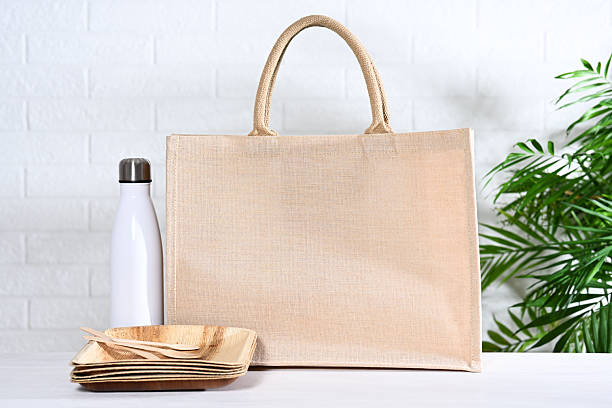 istock Canvas bag, water bottle and bamboo plates 2212237571
