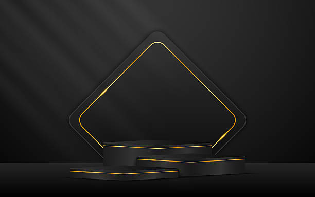 istock Multi-tiered black podium with black squares with elegant gold lines on the back for product presentation 2212241545