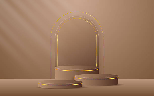istock Multi-tiered brown podium with brown curved border and gold lines on the back for advertisement display 2212241722