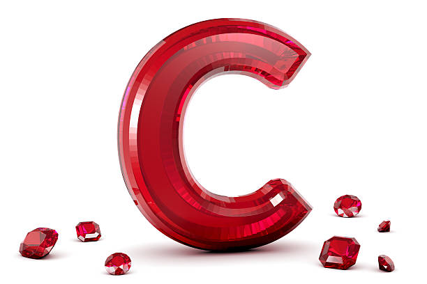 Shiny 3D rendering of Alphabet C made of Red Ruby Gemstone surrounded by smaller gemstones isolated on white background.