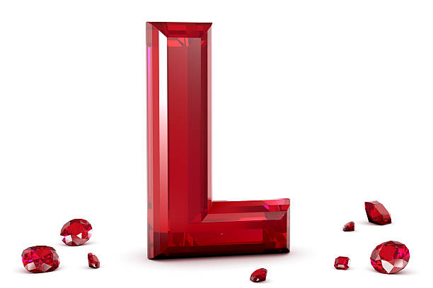 Shiny 3D rendering of Alphabet L made of Red Ruby Gemstone surrounded by smaller gemstones isolated on white background.