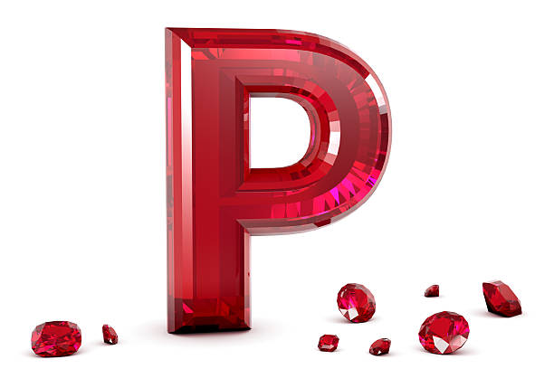 Shiny 3D rendering of Alphabet P made of Red Ruby Gemstone surrounded by smaller gemstones isolated on white background.