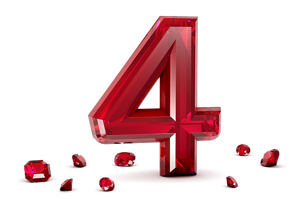 Shiny 3D rendering of Number Four made of Red Ruby Gemstone surrounded by smaller gemstones isolated on white background.