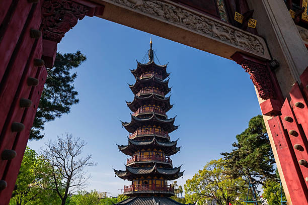 Longhua temple pagoda view from entrance gate, Shanghai, China stock photo