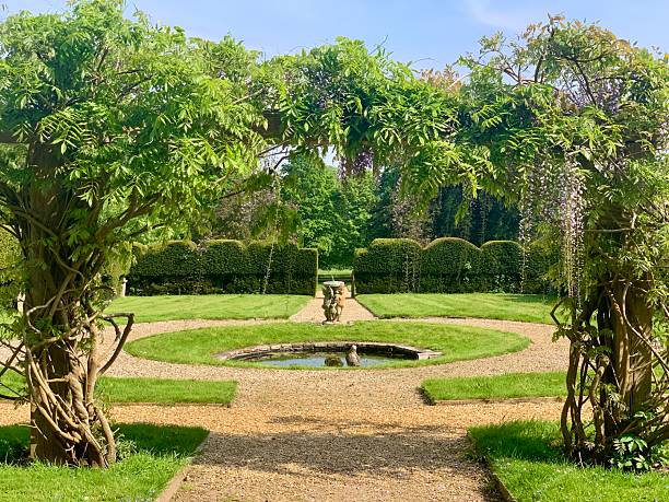 istock Formal garden with pond and gravel pathway 2212249334