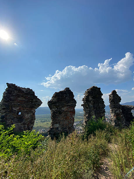 An abandoned old building with peeling paint and cracked windows. The ruins are surrounded by dense vegetation