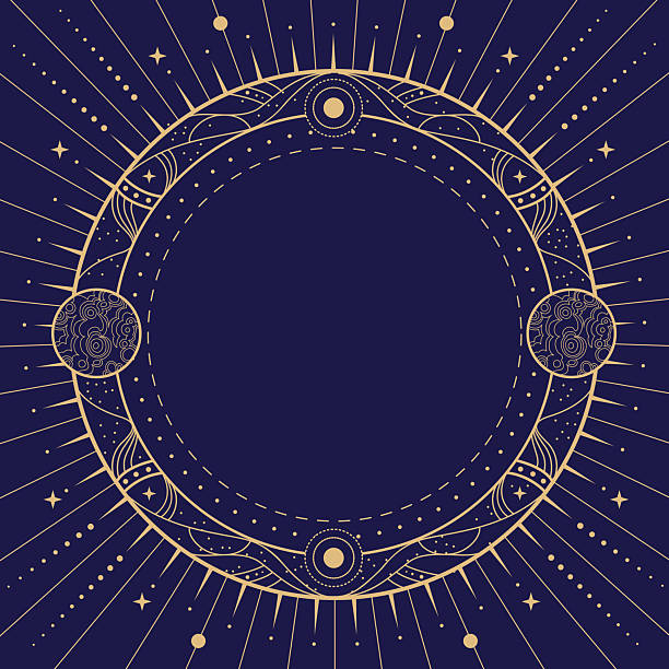istock Modern magic witchcraft round astrology frame with galaxy, planets, stars, sun and moon on blue background. Line art occult vector illustration 2212255503