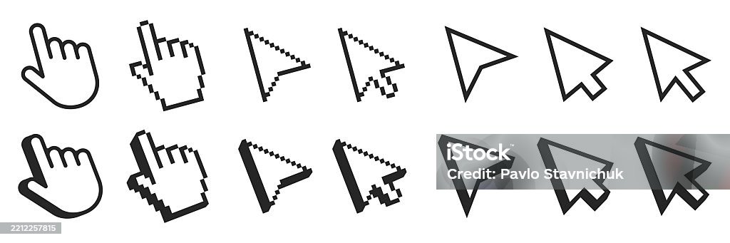 Cursore clic del mouse impostato. Puntatore a mano con ombra. Cursore impostato a forma di mano e freccia. Icona del cursore pixel - arte vettoriale royalty-free di Cursore Cursore clic del mouse impostato. Puntatore a mano con ombra. Cursore impostato a forma di mano e freccia. Icona del cursore pixel - arte vettoriale royalty-free di Cursore