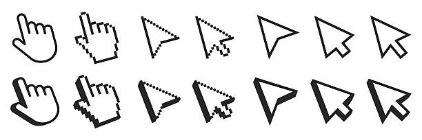 stockillustraties, clipart, cartoons en iconen met mouse click cursor set. hand pointer with shadow. cursor set in hand and arrow forms. pixel cursor icon - muisaanwijzer