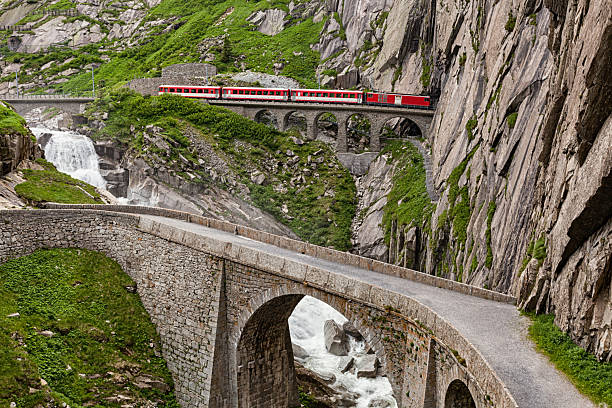 Passenger train on Teufelsbrucke in Andermatt, Switzerland