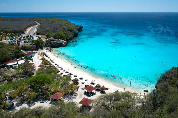 Aerial view of Chairs and umbrellas on Grote Knip / Playa Kenepa Grandi beach, Curacao