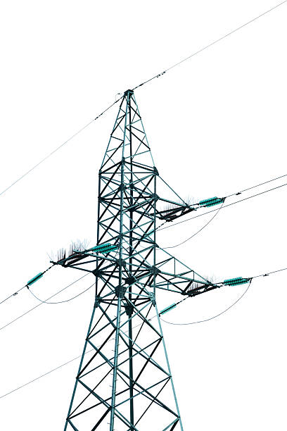 High voltage power lines and metal pylon isolated on white background with clipping path. Design element.
