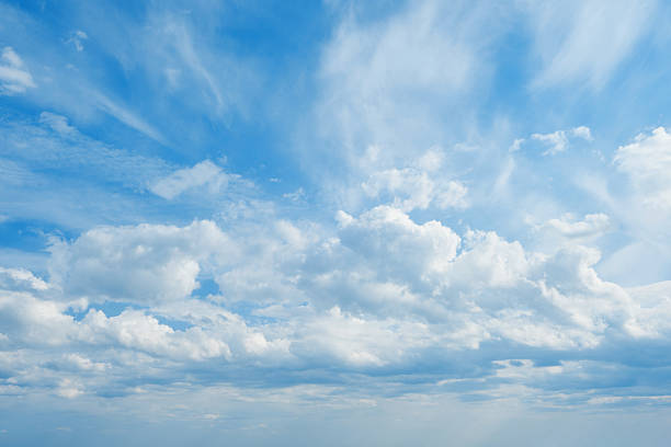 istock Sky. Blue sky with white clouds background. Curly clouds on a sunny summer day. Light cloudy. Good weather. Simple background sky for summer poster. Summer mock up. Soft focus. 2212270237