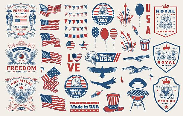 A vibrant collection features elements of American culture including flags eagles and festive balloons celebrating freedom and national pride in a visually striking layout.