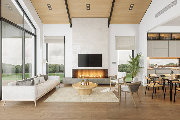 istock Modern Living Room With Sofa, Armchairs, Television Set, Fireplace And Open Plan Kitchen 2212271817