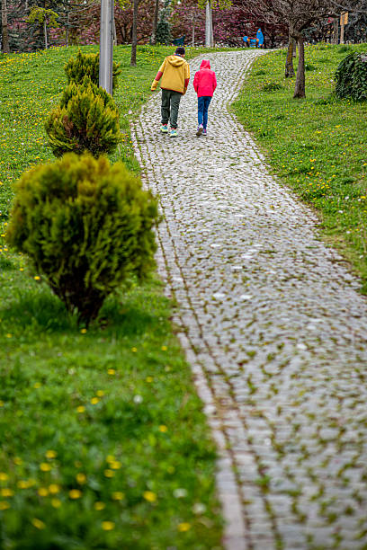 Beautiful view of park with old cobblestone pavement stone walkway background in summer day. Sweden.