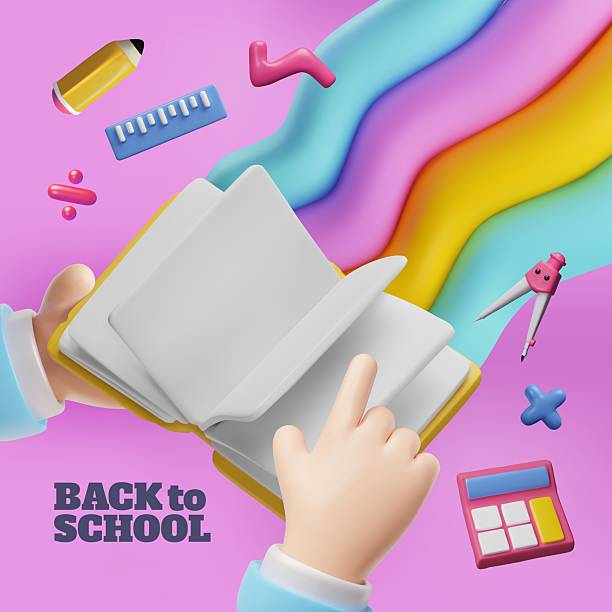 istock 3D vector of hand flipping through book with school supplies and rainbow background. 2212275347
