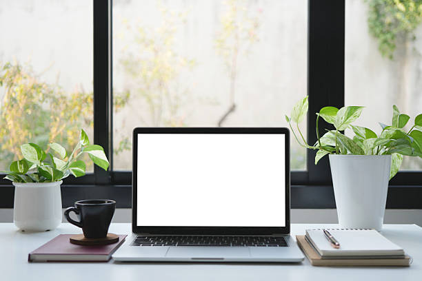 istock Laptop with white screen and coffee drink and plants by the window 2212281215