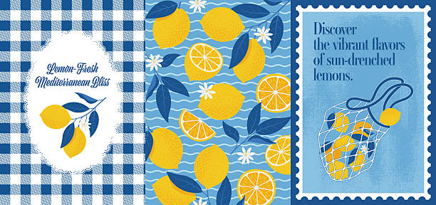 illustrations, cliparts, dessins animés et icônes de affiche citrons de style méditerranéen. illustration vectorielle dans le style plat d’agrumes, fruits coupés, motif traditionnel - partir en italie